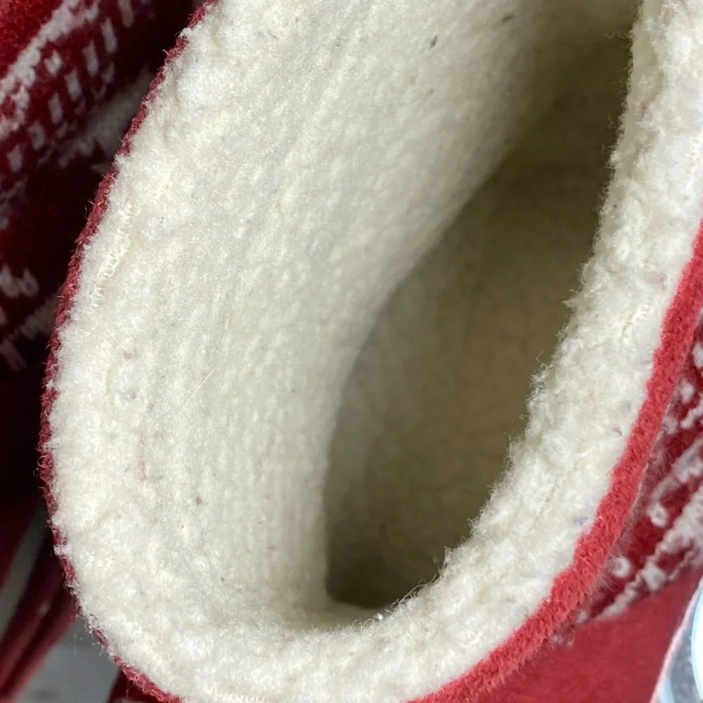 Red Slipper Boots with Pom Poms